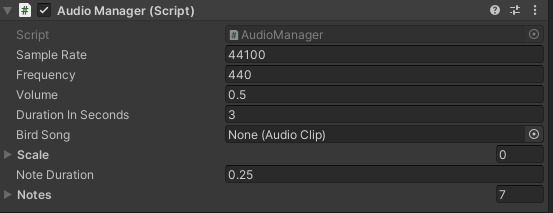 The component showing the AudioClip Bird Song currently unpopulated