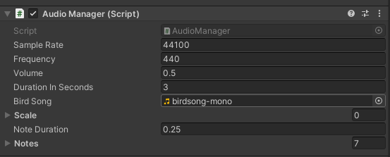 The component showing the AudioClip Bird Song