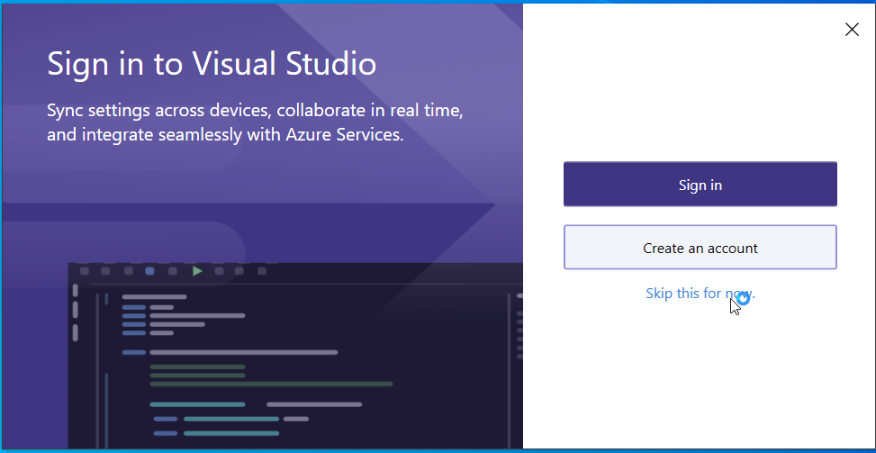 Skipping signing into visual studio